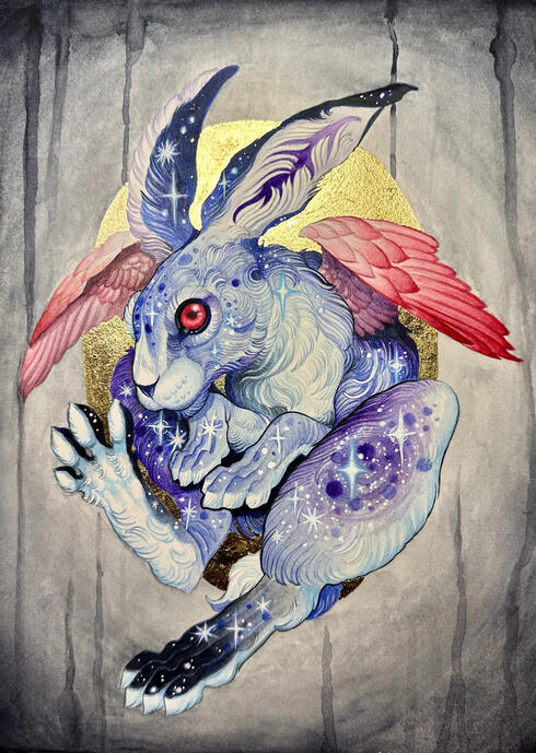 “Celestial” watercolour and gold leaf on hot pressed arches. 9x12. 2025. SOLD