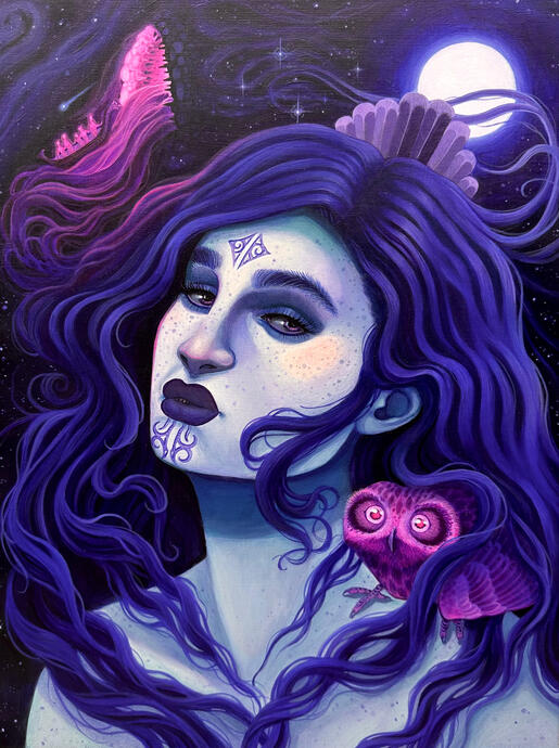 Hine-nui-te-pō. 2026, Acrylic on wood, 12x16. Original available.